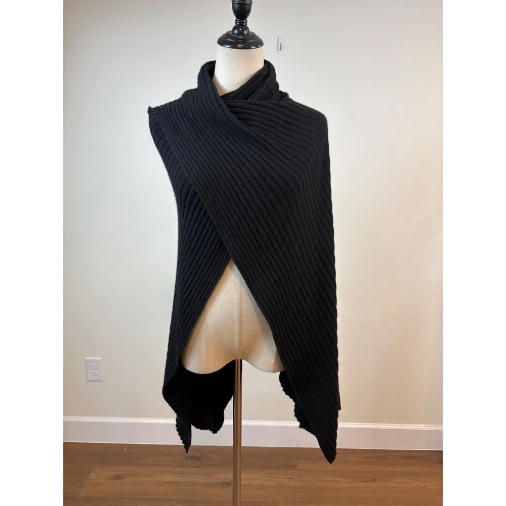 Autumn Cashmere Hybrid scarf cape wrap OS Black Cashmere Wool Blend Ribbed chic